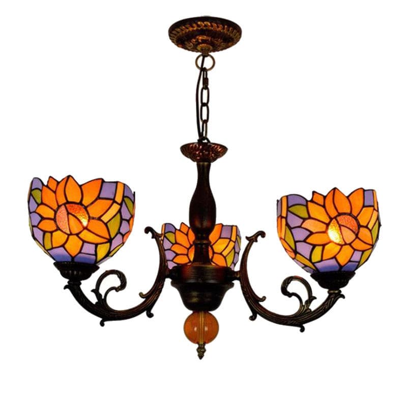 Tiffany style sunflower stained glass 3-arm chandelier with antique bronze finish.