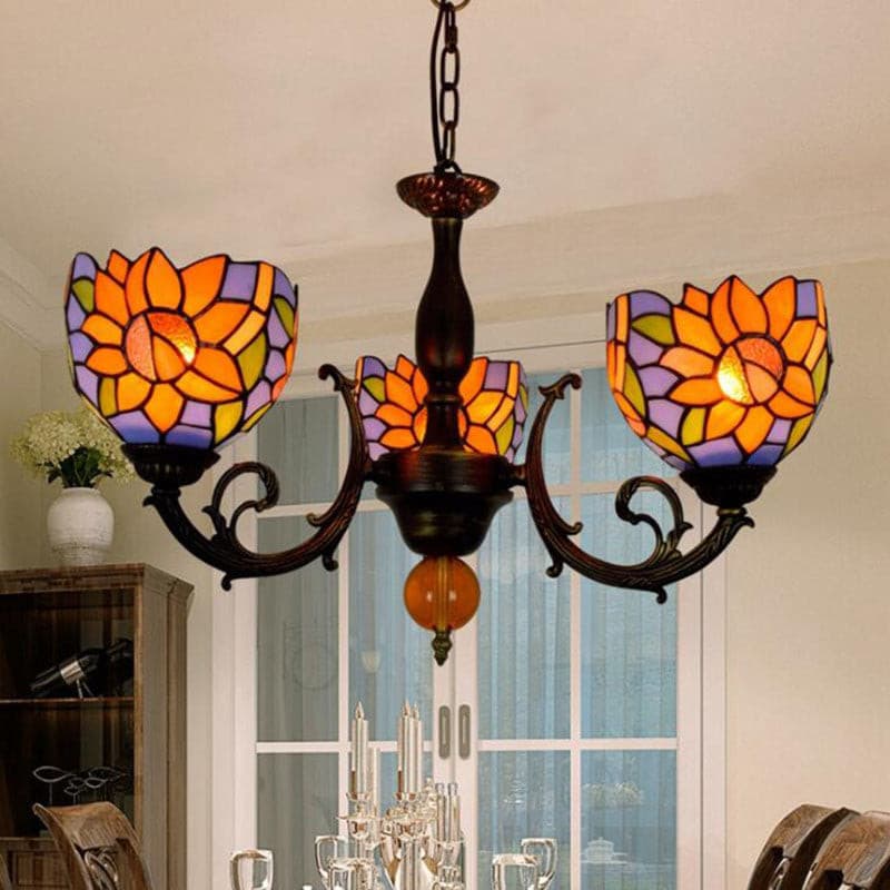 Tiffany style sunflower stained glass 3-arm chandelier with antique bronze finish for living room.