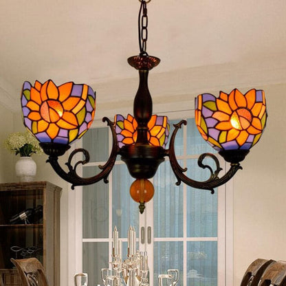 Tiffany style sunflower stained glass 3-arm chandelier with antique bronze finish for living room.