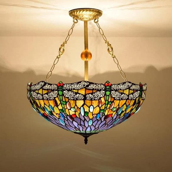 Decorative multi-colored stained glass pendant lamp with brass chain