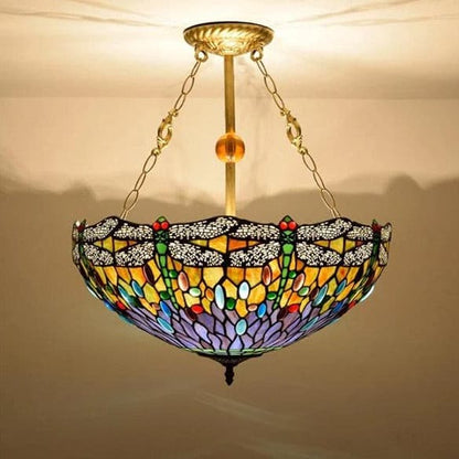 Decorative multi-colored stained glass pendant lamp with brass chain