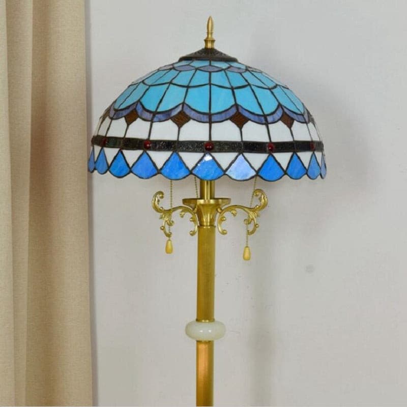 Traditional Tiffany lamp with marble accents and dual pull chains