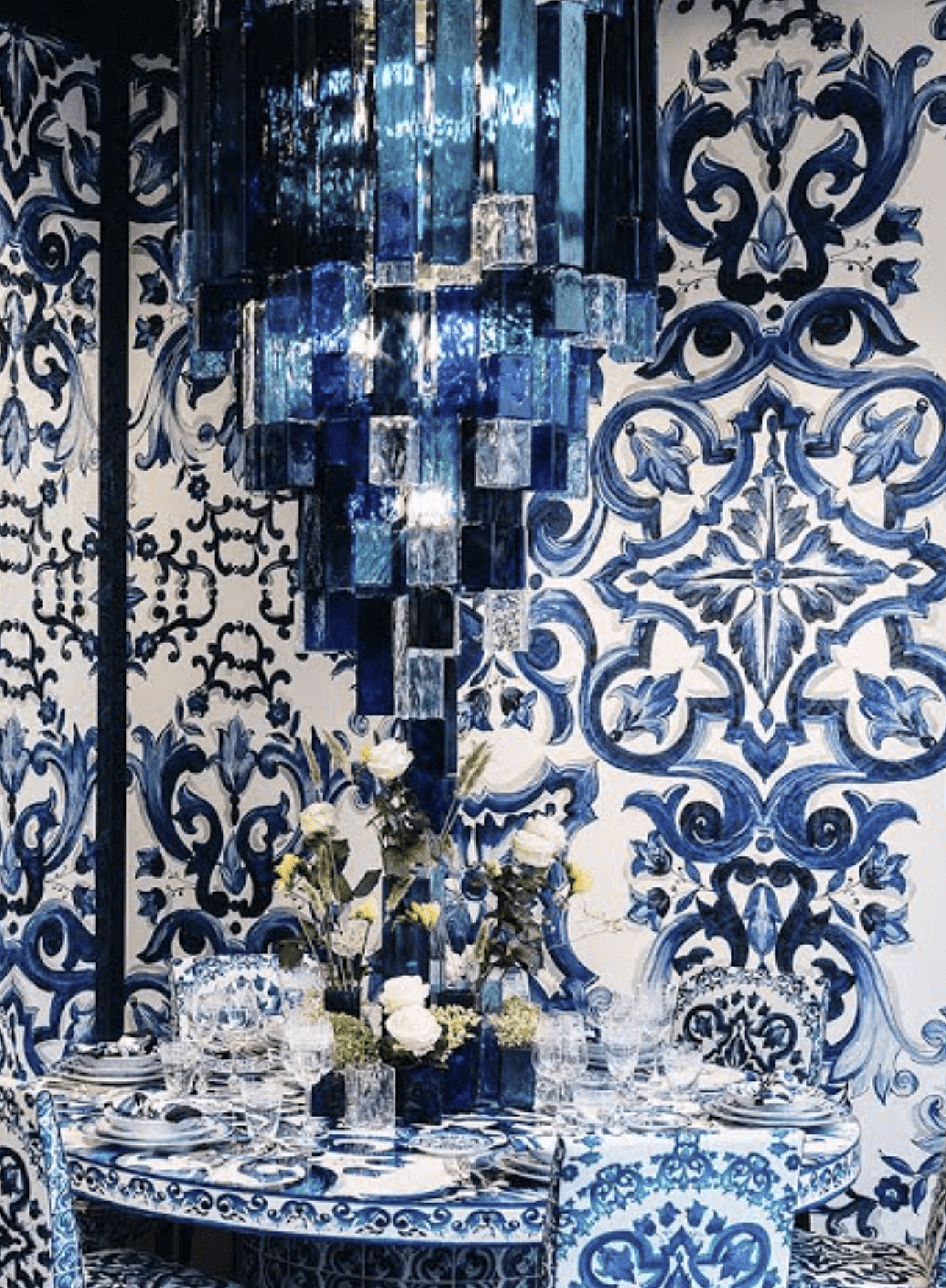 "Azure Cascade" Murano Like Glass Tronchi Tubular Chandelier 
