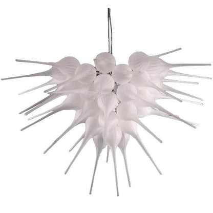 Spherical modern chandelier made of frosted white hand-blown glass spikes radiating from a central point.