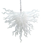 Serene Waterfall artisan glass chandelier featuring a dense cluster of hand-blown white glass spirals hanging from a metal chain