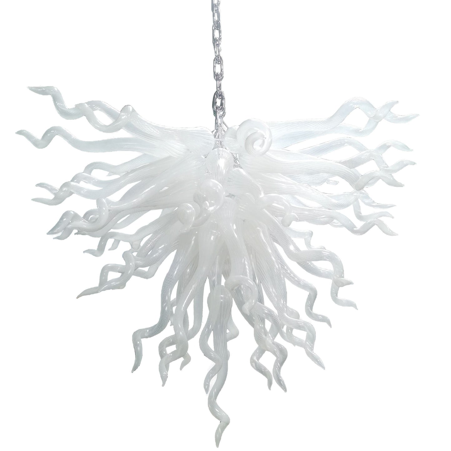 Serene Waterfall artisan glass chandelier featuring a dense cluster of hand-blown white glass spirals hanging from a metal chain