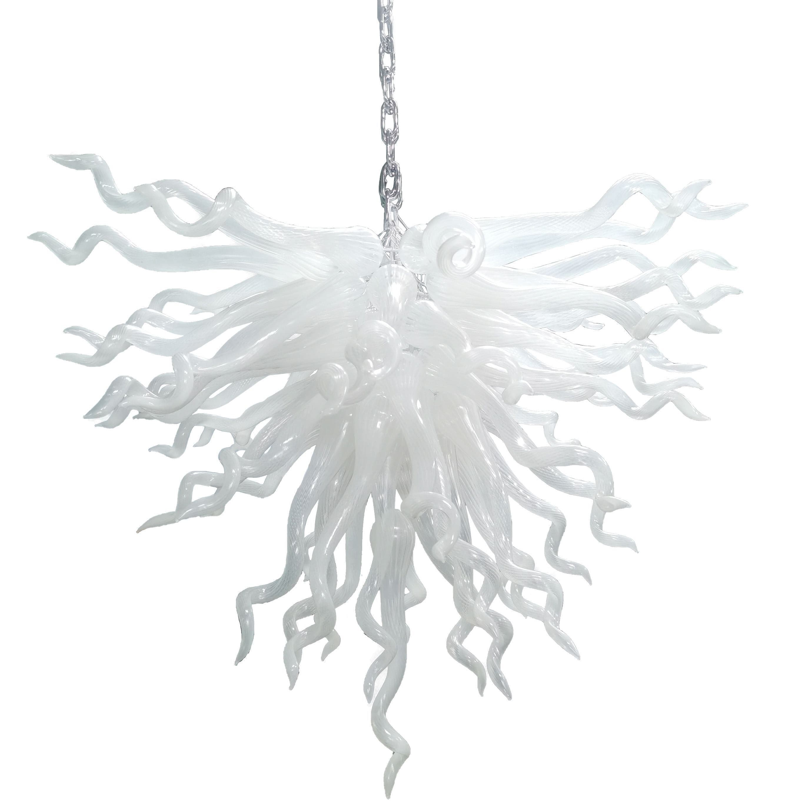 Serene Waterfall artisan glass chandelier featuring a dense cluster of hand-blown white glass spirals hanging from a metal chain