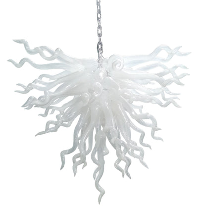 Serene Waterfall artisan glass chandelier featuring a dense cluster of hand-blown white glass spirals hanging from a metal chain