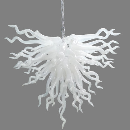 Serene Waterfall artisan glass chandelier featuring a dense cluster of hand-blown white glass spirals hanging from a metal chain