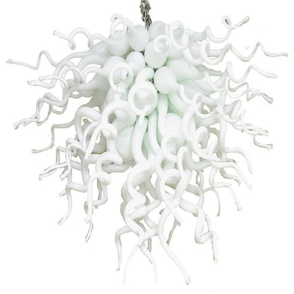 Spherical hand-blown glass chandelier featuring dense, elegant milk-white glass curls radiating from a central core.