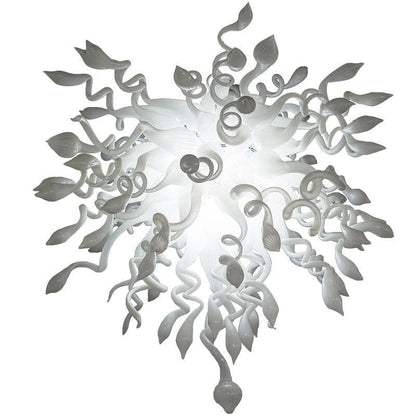 Ethereal Snowfall artisan glass chandelier with a dense cluster of hand-blown white glass tendrils featuring unique tapered peach-tail tips.