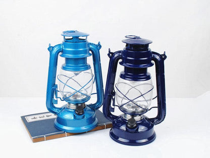 Pair of portable camping lanterns in bright cyan and classic navy blue.