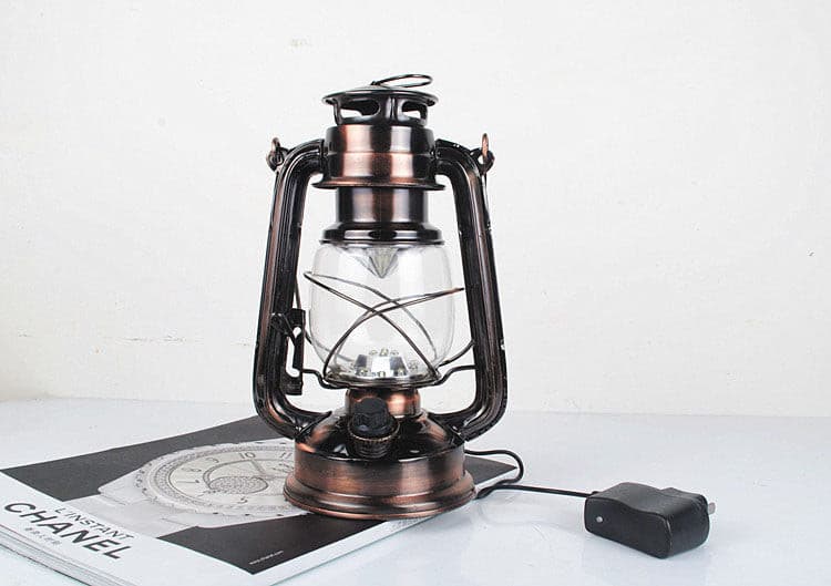 Antique bronze horse lantern with rechargeable battery and charging cable.