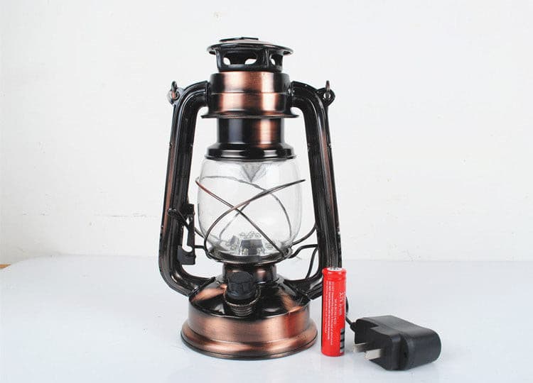 Vintage-style bronze LED camping light with sturdy metal hanging handle.