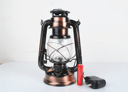 Vintage-style bronze LED camping light with sturdy metal hanging handle.