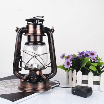 Antique copper vintage LED horse lantern with rechargeable battery and charging cable.