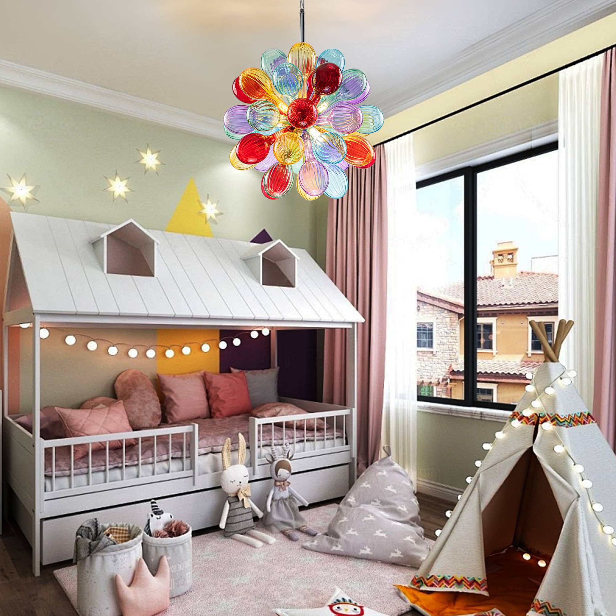 A Color Visionary's Dream: Multi-Color Ribbed Blown Glass Bubble Chandelier - BeyPan