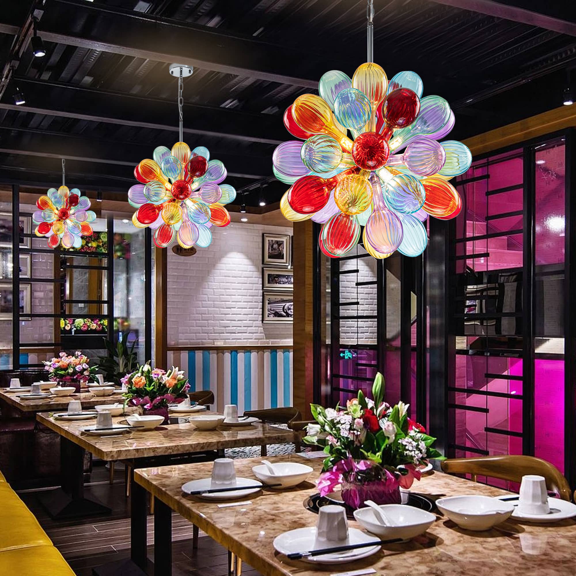 A Color Visionary's Dream: Multi-Color Ribbed Blown Glass Bubble Chandelier - BeyPan
