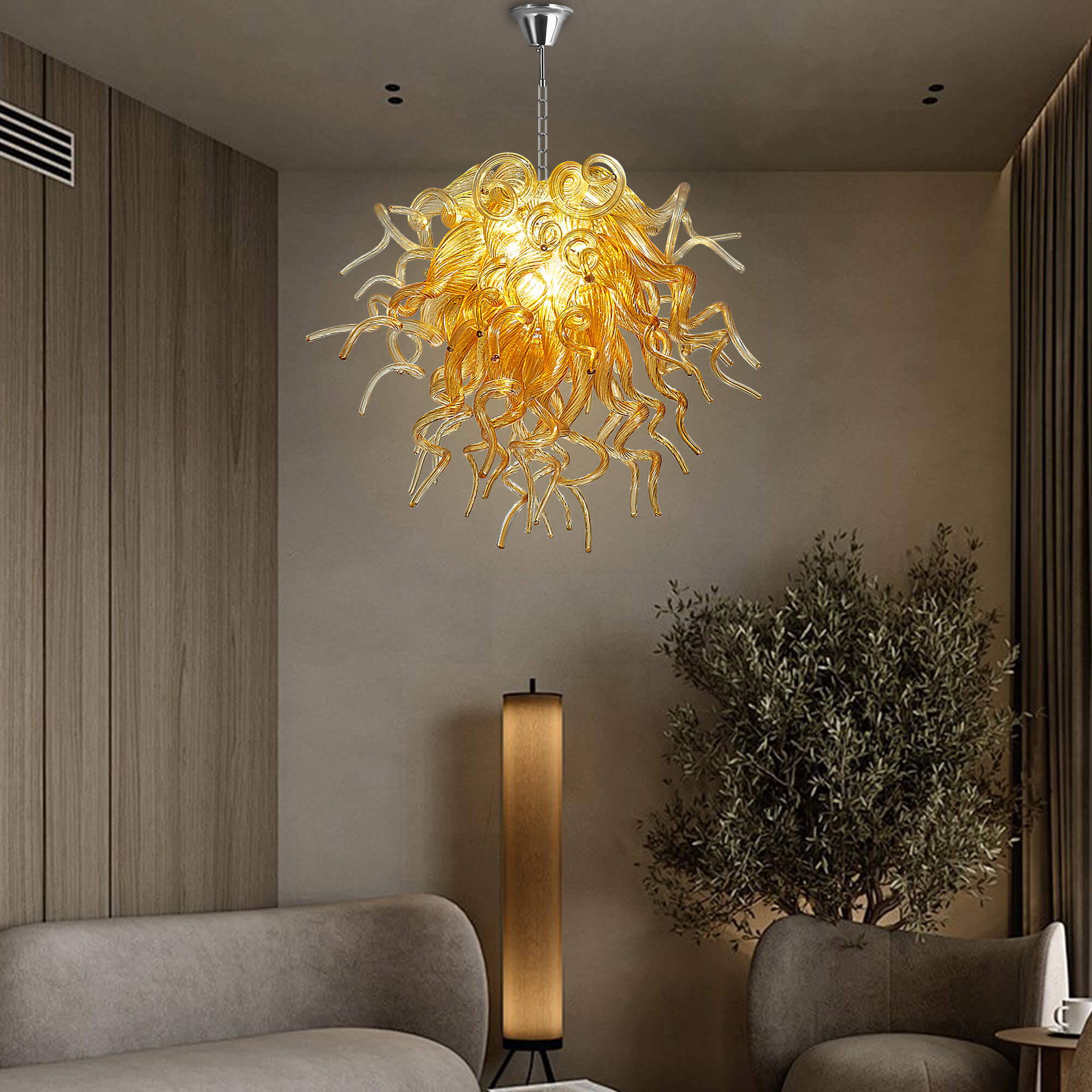 Amber Gold Blown Glass Chandelier - Murano-Inspired Artistic Pendant Lighting - BeyPan