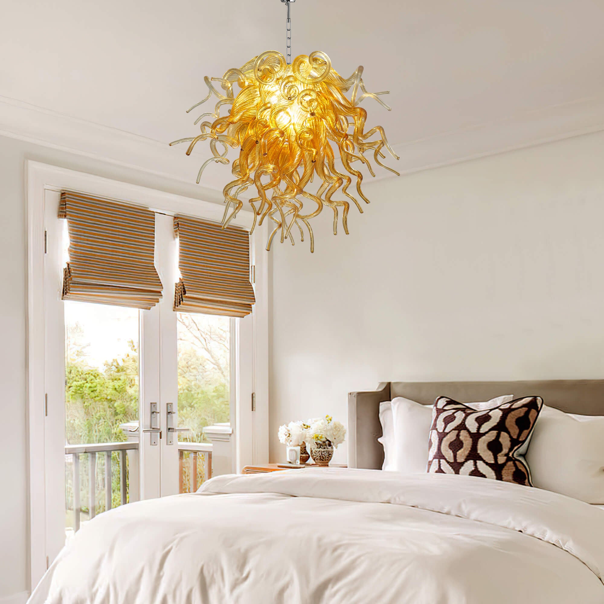 Amber Gold Blown Glass Chandelier - Murano-Inspired Artistic Pendant Lighting - BeyPan