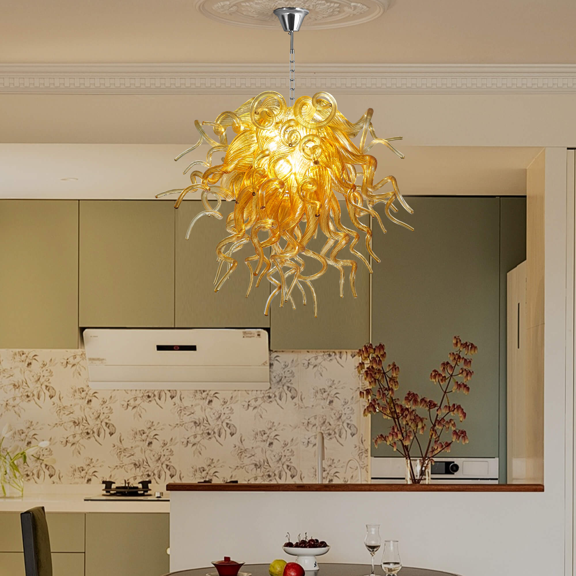 Amber Gold Blown Glass Chandelier - Murano-Inspired Artistic Pendant Lighting - BeyPan