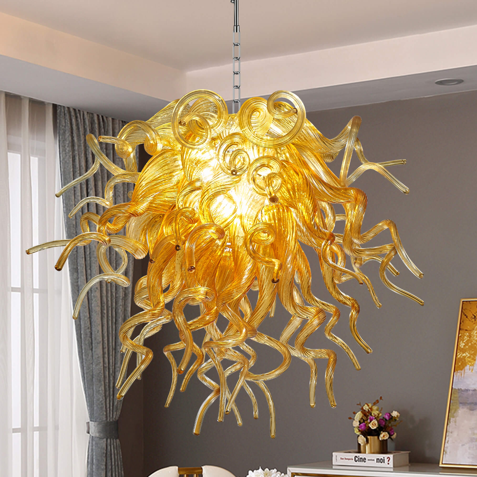 Amber Gold Blown Glass Chandelier - Murano-Inspired Artistic Pendant Lighting - BeyPan Hauptbild
