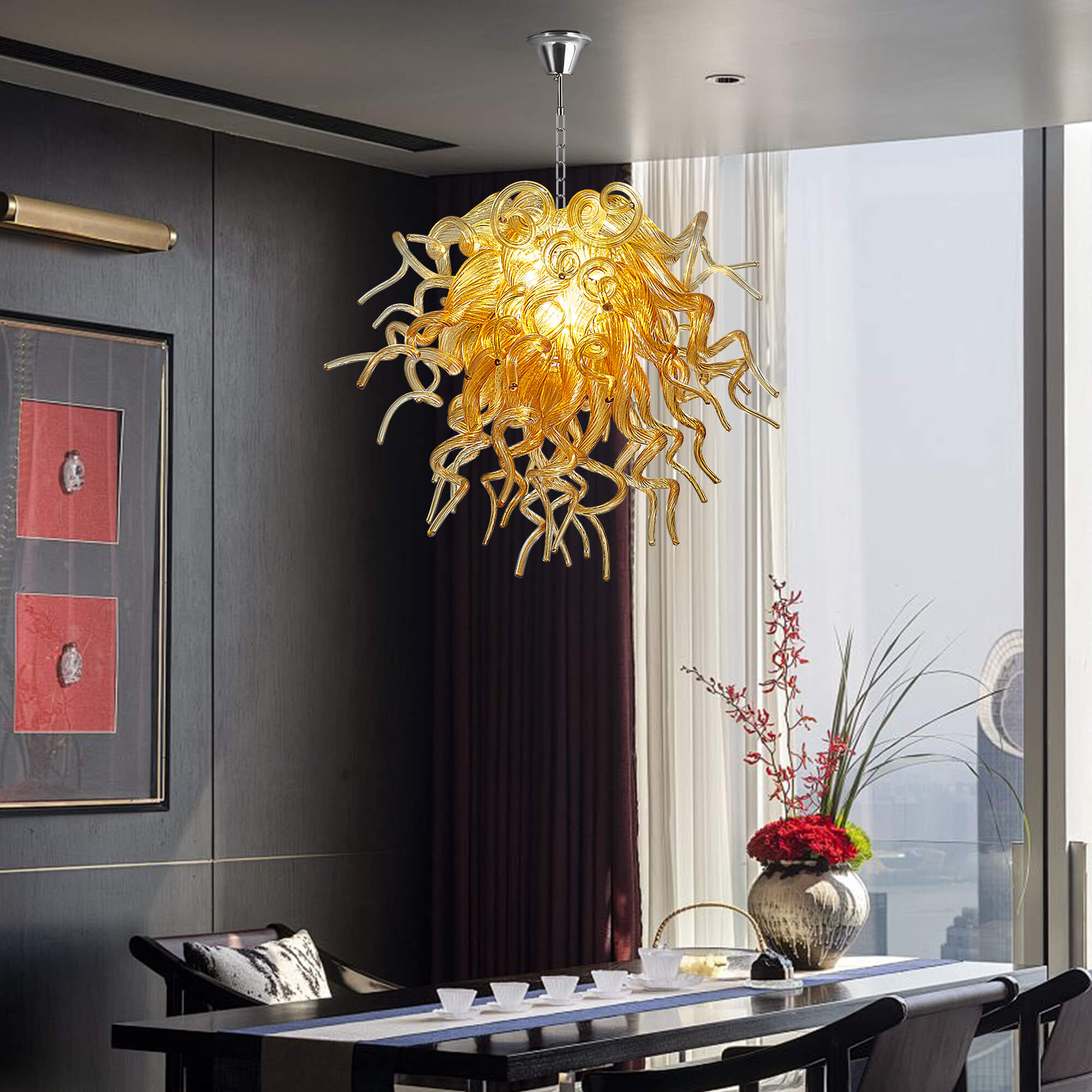 Amber Gold Blown Glass Chandelier - Murano-Inspired Artistic Pendant Lighting - BeyPan