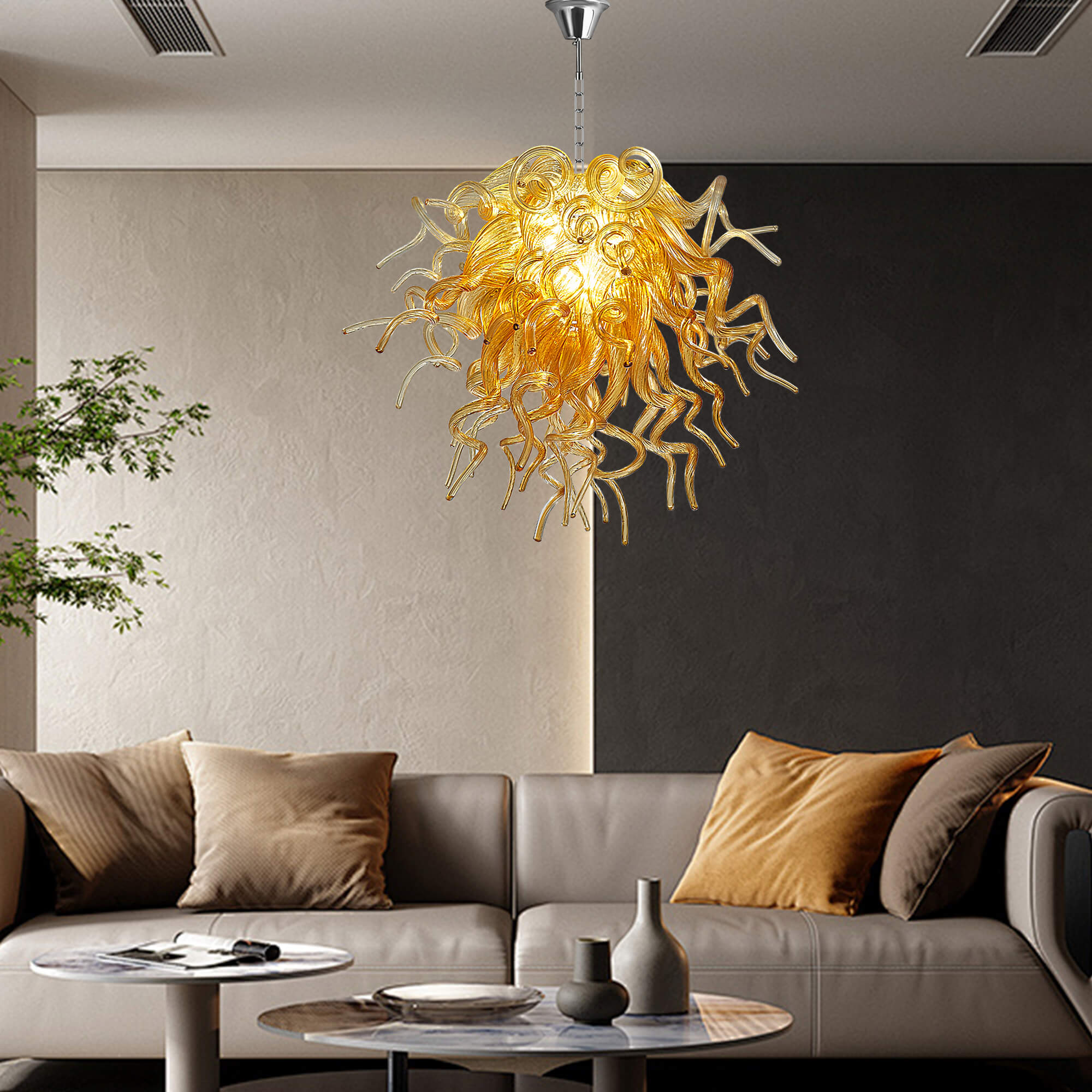 Amber Gold Blown Glass Chandelier - Murano-Inspired Artistic Pendant Lighting - BeyPan