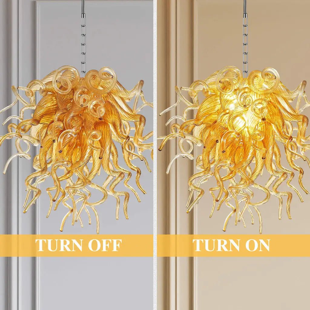 Amber Gold Hand-Blown Glass Chihly Style Chandelier Artistic Liuli Pendant Light Luxury Sculptural Twisted Hanging Lamp Fixture - BeyPan