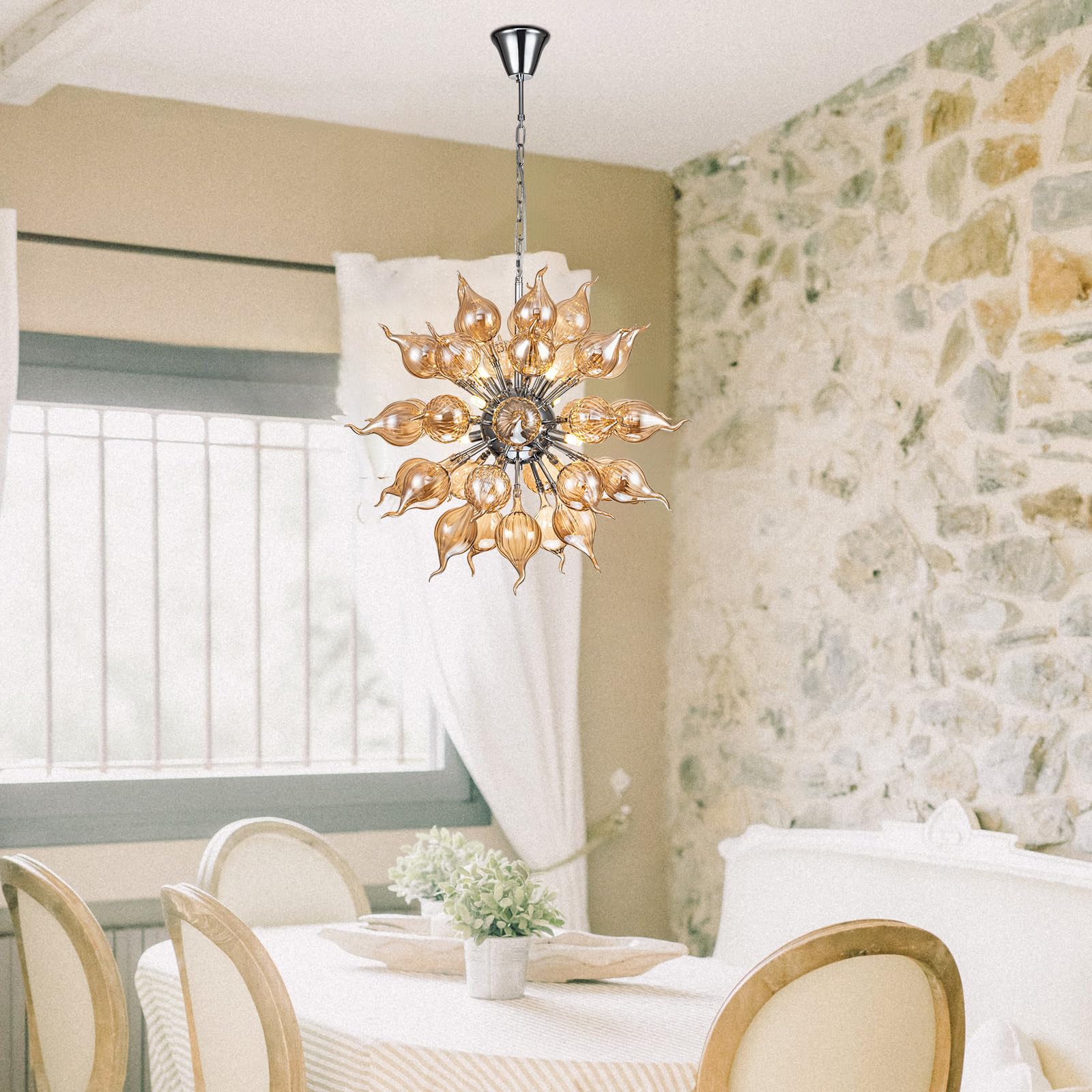 Amber Sputnik Blown Glass Chandelier - Mid-Century Modern Onion Shape Pendant Light - BeyPan