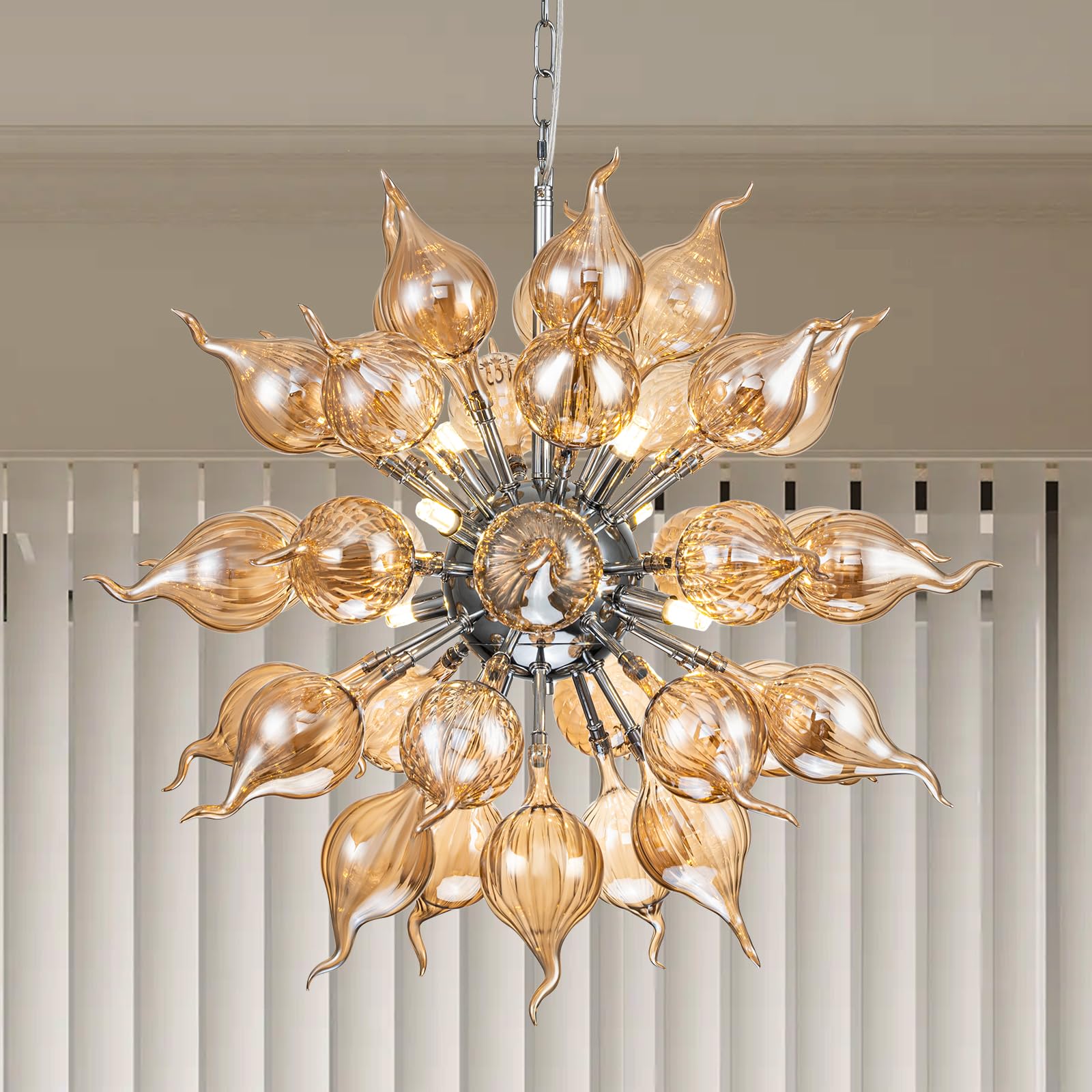 Amber Sputnik Blown Glass Chandelier - Mid-Century Modern Onion Shape Pendant Light - BeyPan