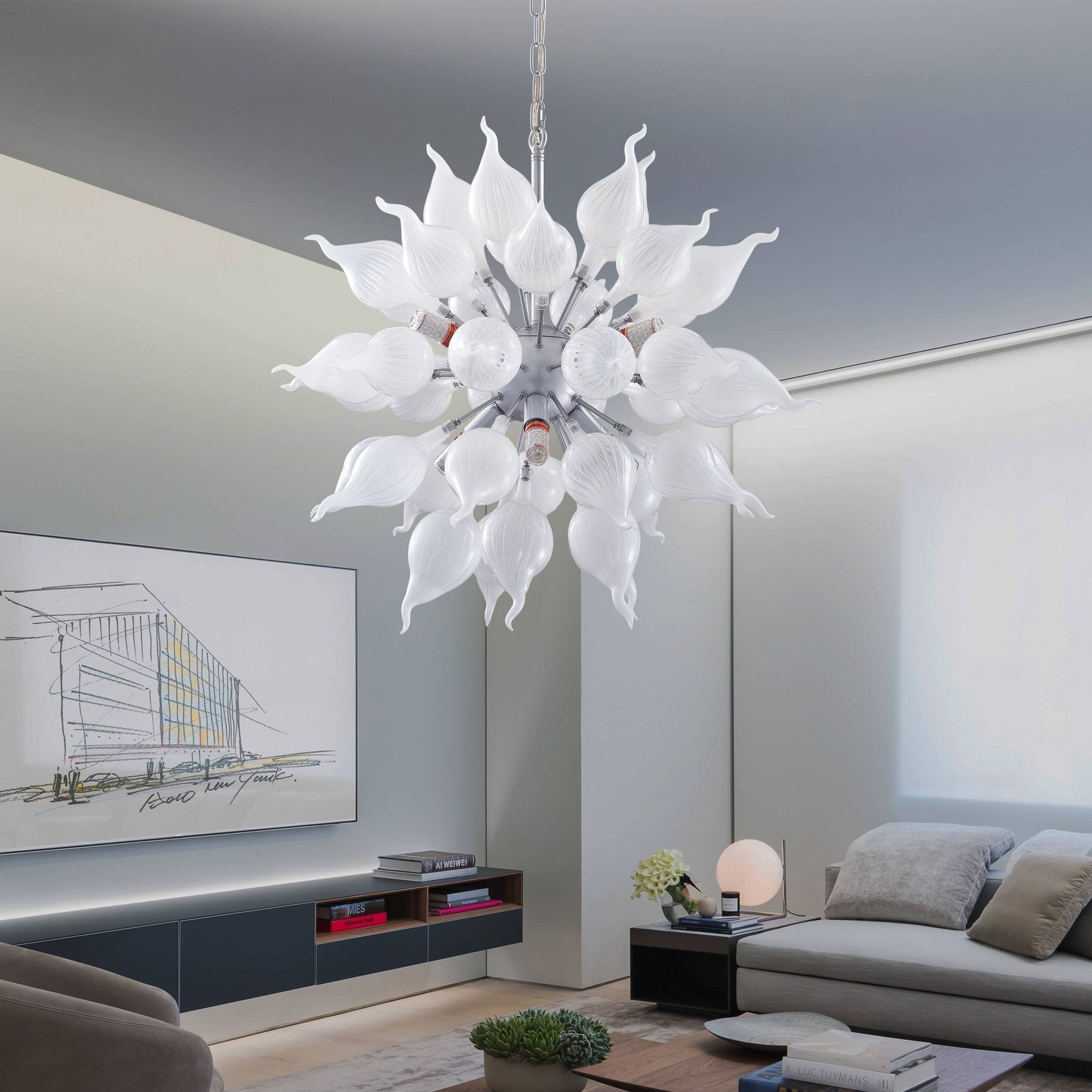 Arctic Frost Sputnik Chandelier - Modern Hand-Blown White Onion-Shaped Glass - BeyPan