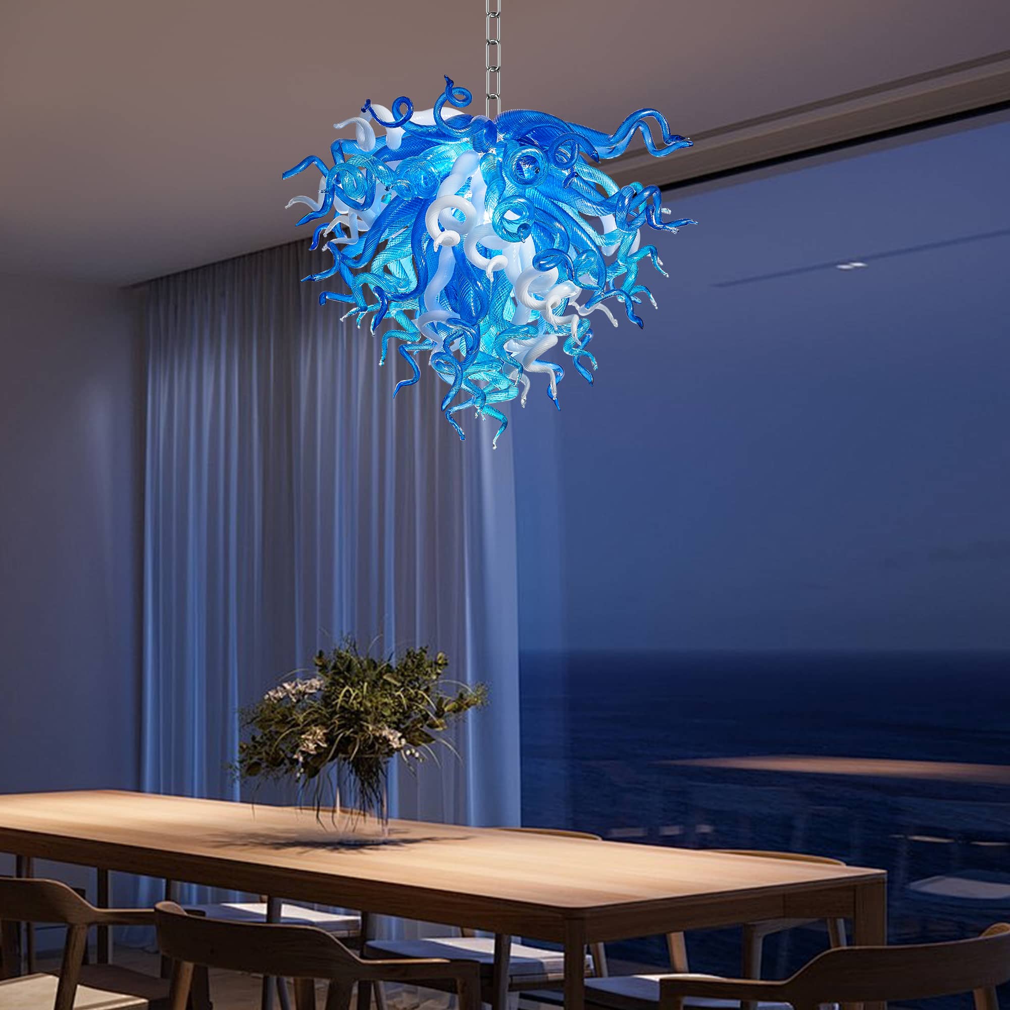 Artisan Blue and White Blown Glass Chandelier - Murano-Inspired - BeyPan
