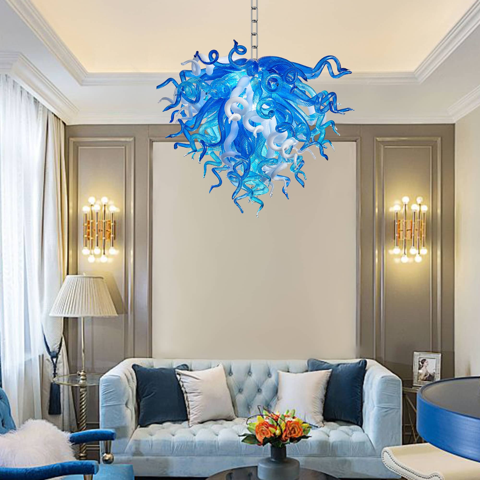 Artisan Blue and White Blown Glass Chandelier - Murano-Inspired - BeyPan