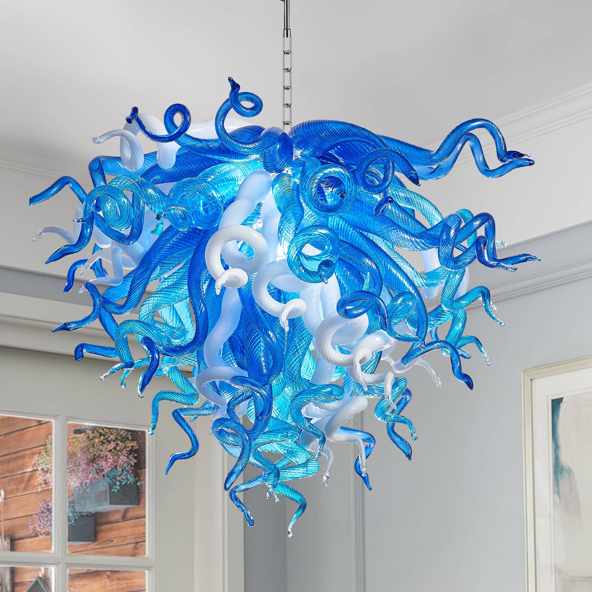 Artisan Blue and White Blown Glass Chandelier - Murano-Inspired - BeyPan