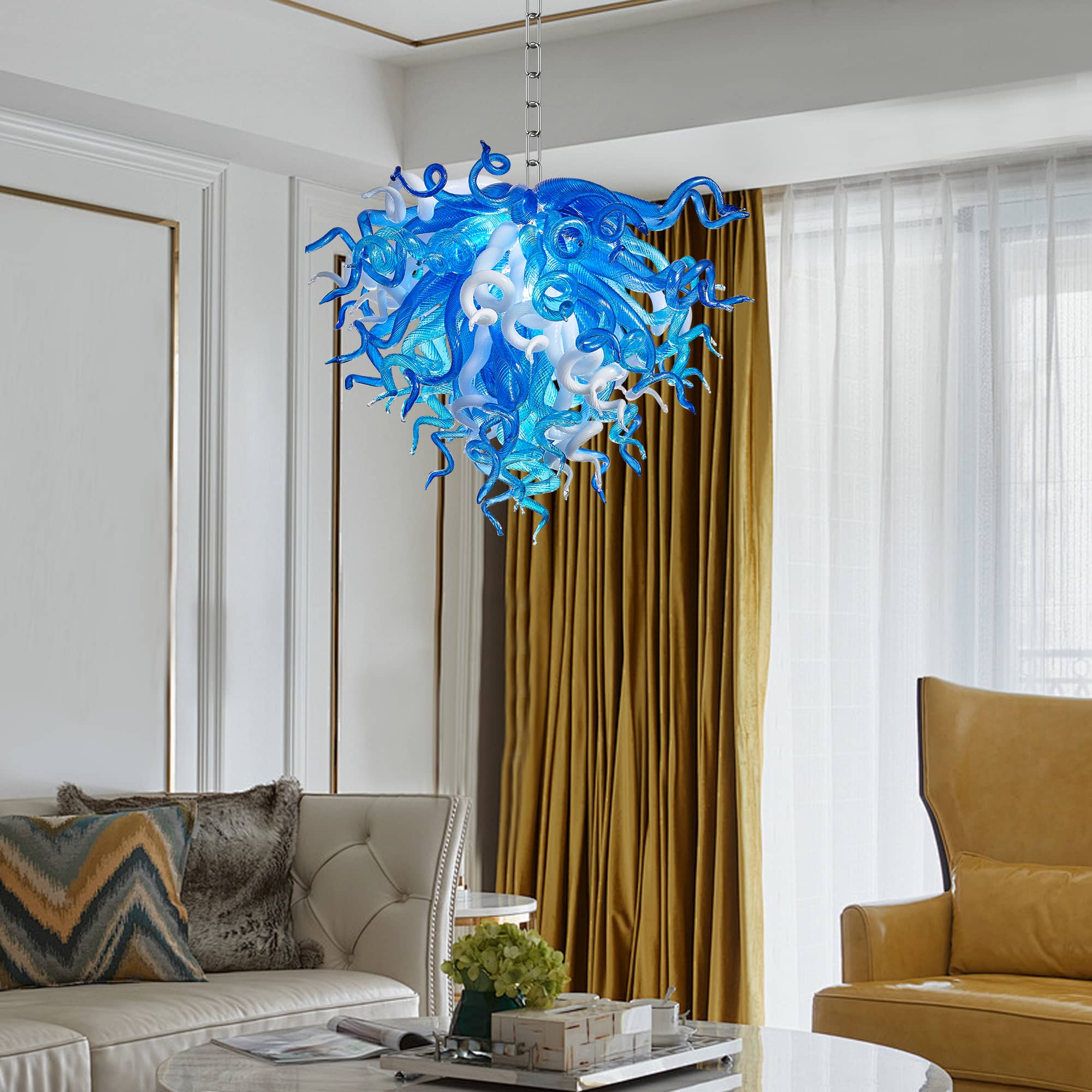 Artisan Blue and White Blown Glass Chandelier - Murano-Inspired - BeyPan