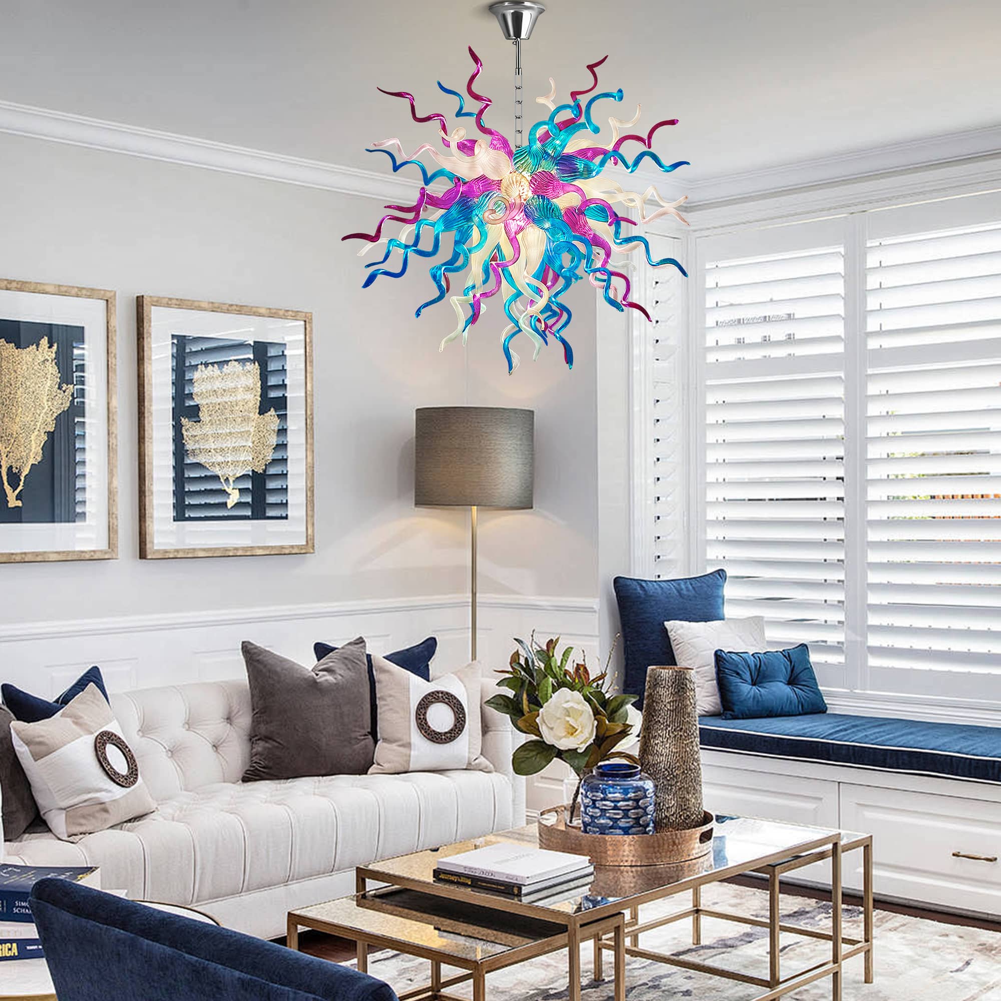 Artisan Hand-Blown Glass Chandelier - Coastal Aqua & Lavender Sculptural Lighting D28" - BeyPan
