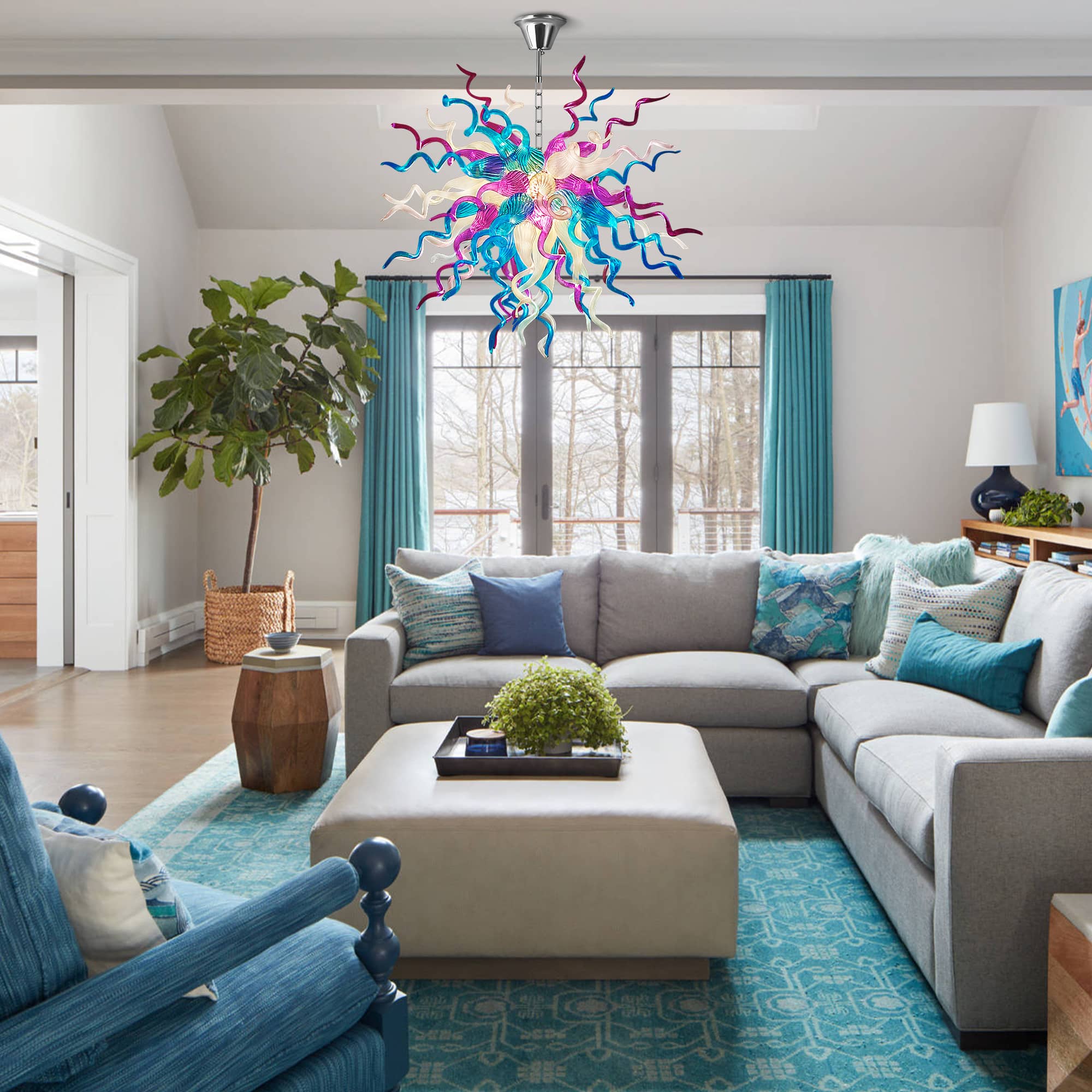 Artisan Hand-Blown Glass Chandelier - Coastal Aqua & Lavender Sculptural Lighting D28" Zweitbild