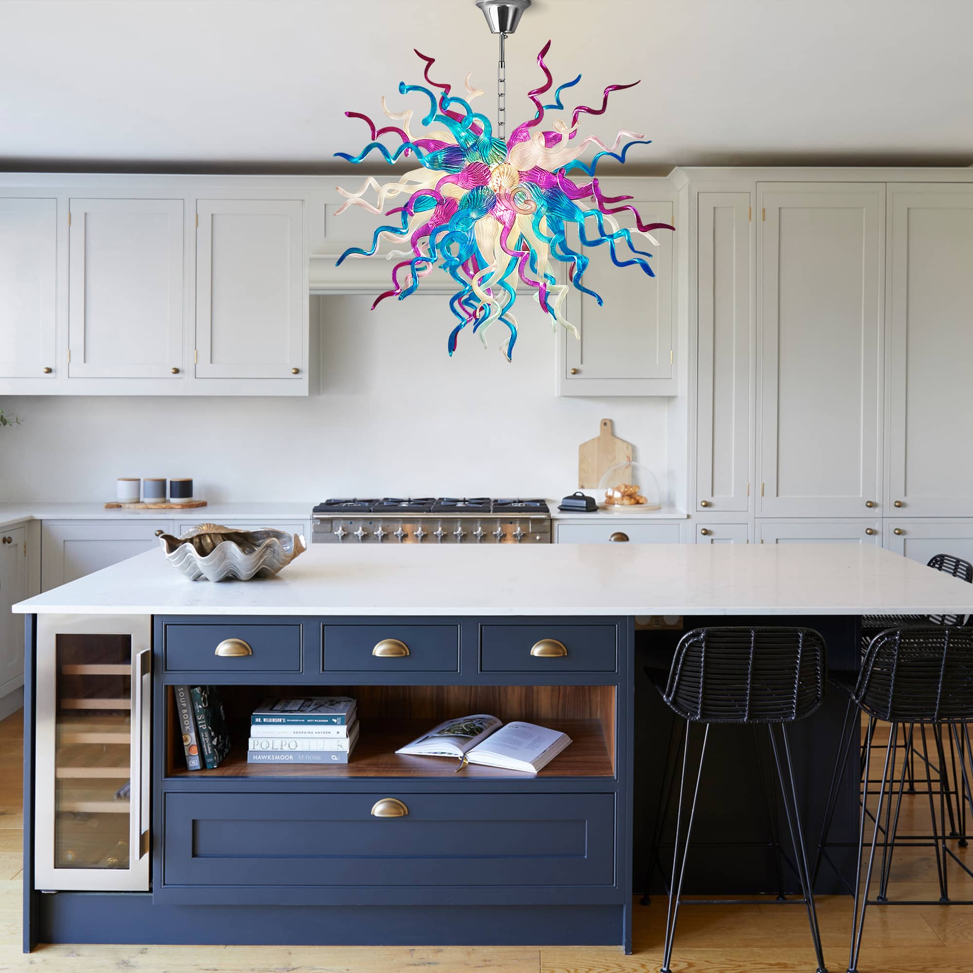 Artisan Hand-Blown Glass Chandelier - Coastal Aqua & Lavender Sculptural Lighting D28" - BeyPan