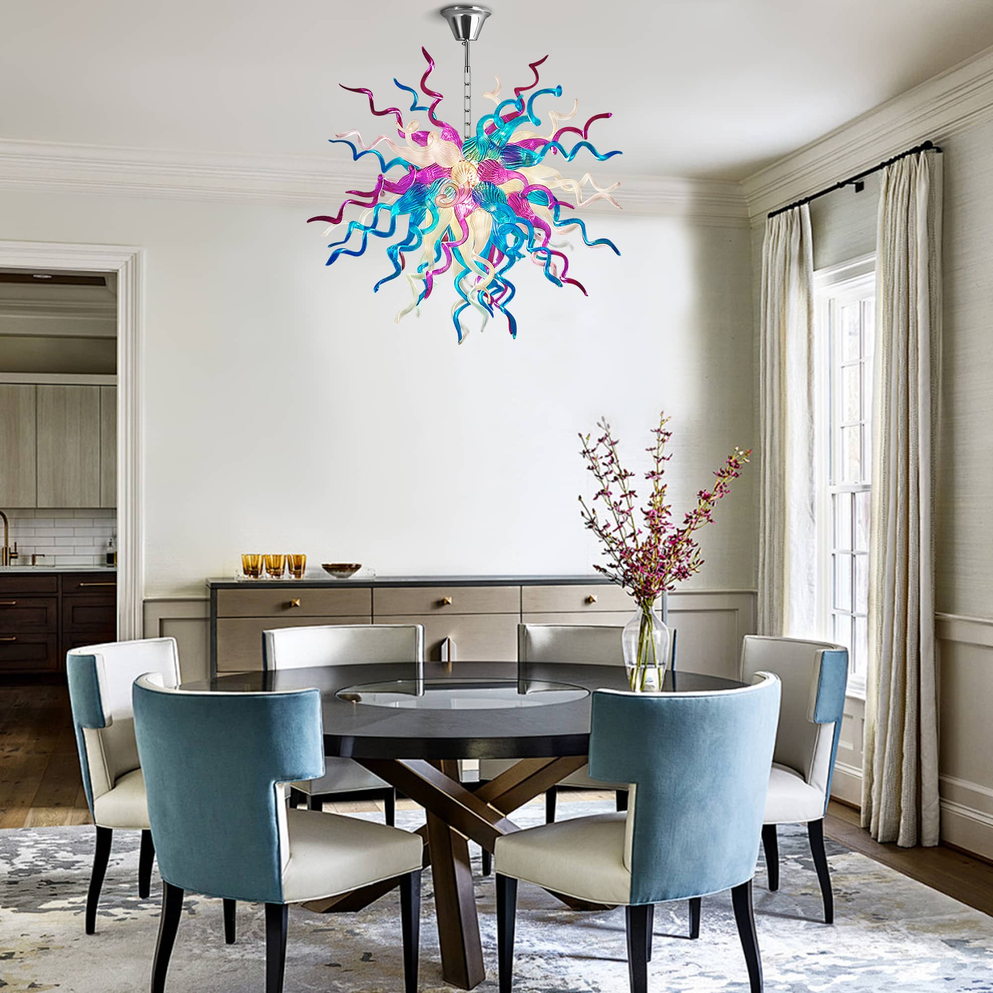 Artisan Hand-Blown Glass Chandelier - Coastal Aqua & Lavender Sculptural Lighting D28" - BeyPan