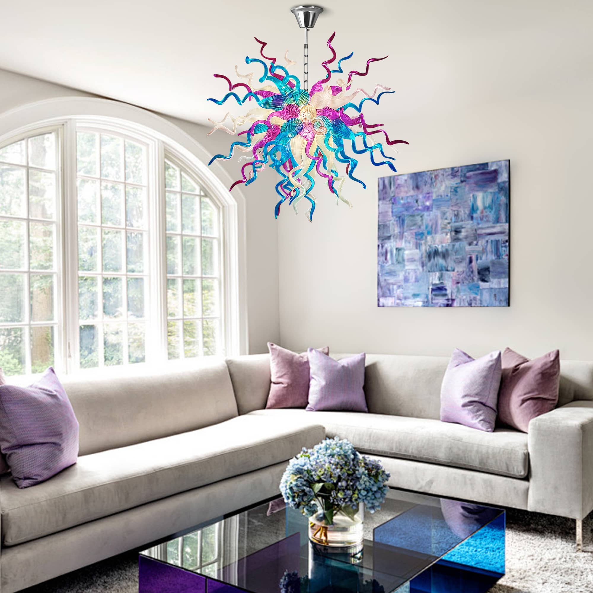 Artisan Hand-Blown Glass Chandelier - Coastal Aqua & Lavender Sculptural Lighting D28" - BeyPan