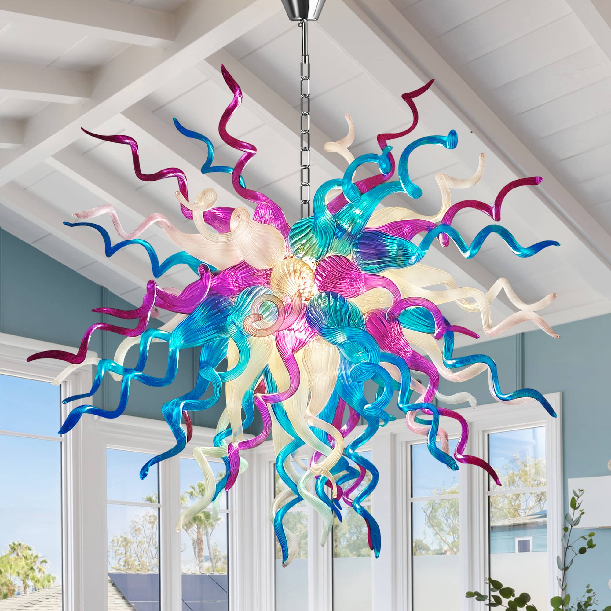Artisan Hand-Blown Glass Chandelier - Coastal Aqua & Lavender Sculptural Lighting D28" - BeyPan Hauptbild