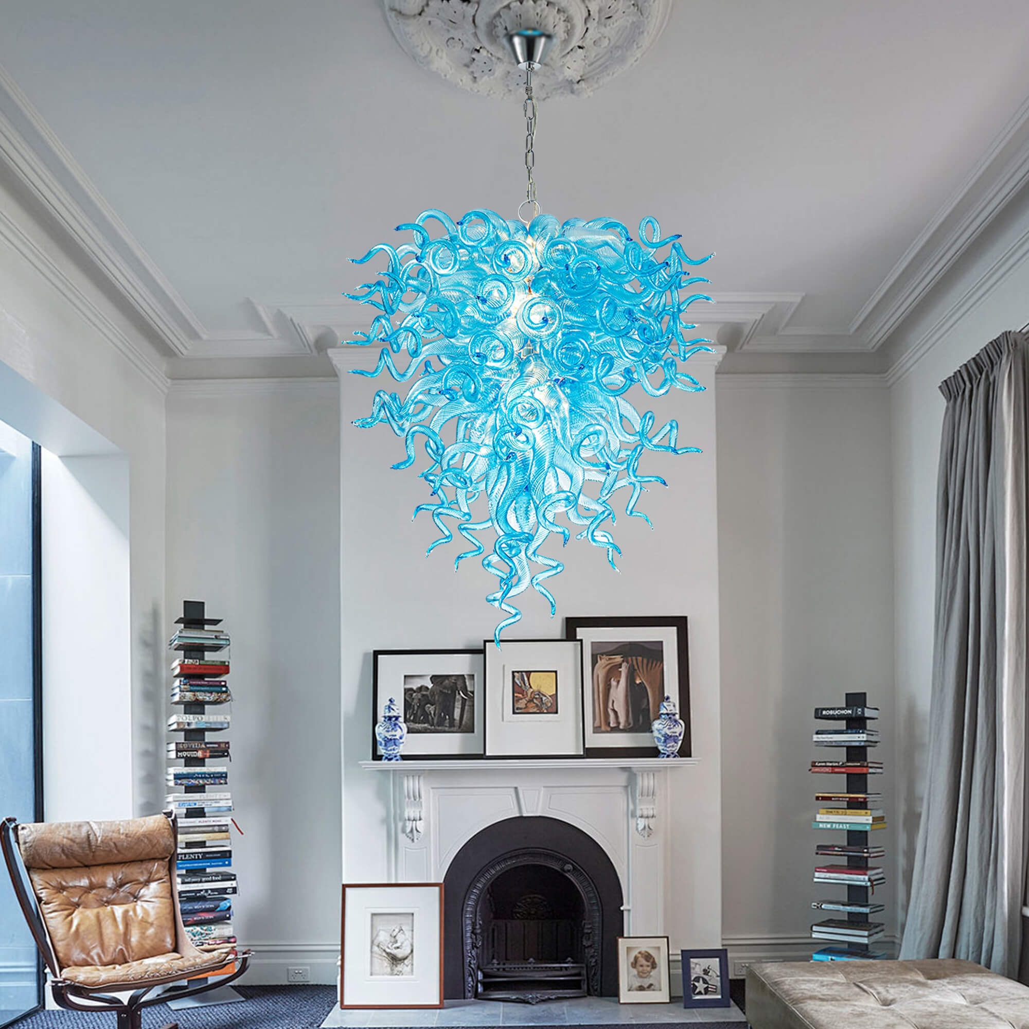 Artisan Light Blue Murano Style Hand-Blown Glass Chandelier - Coastal Cascade Art Lighting - BeyPan