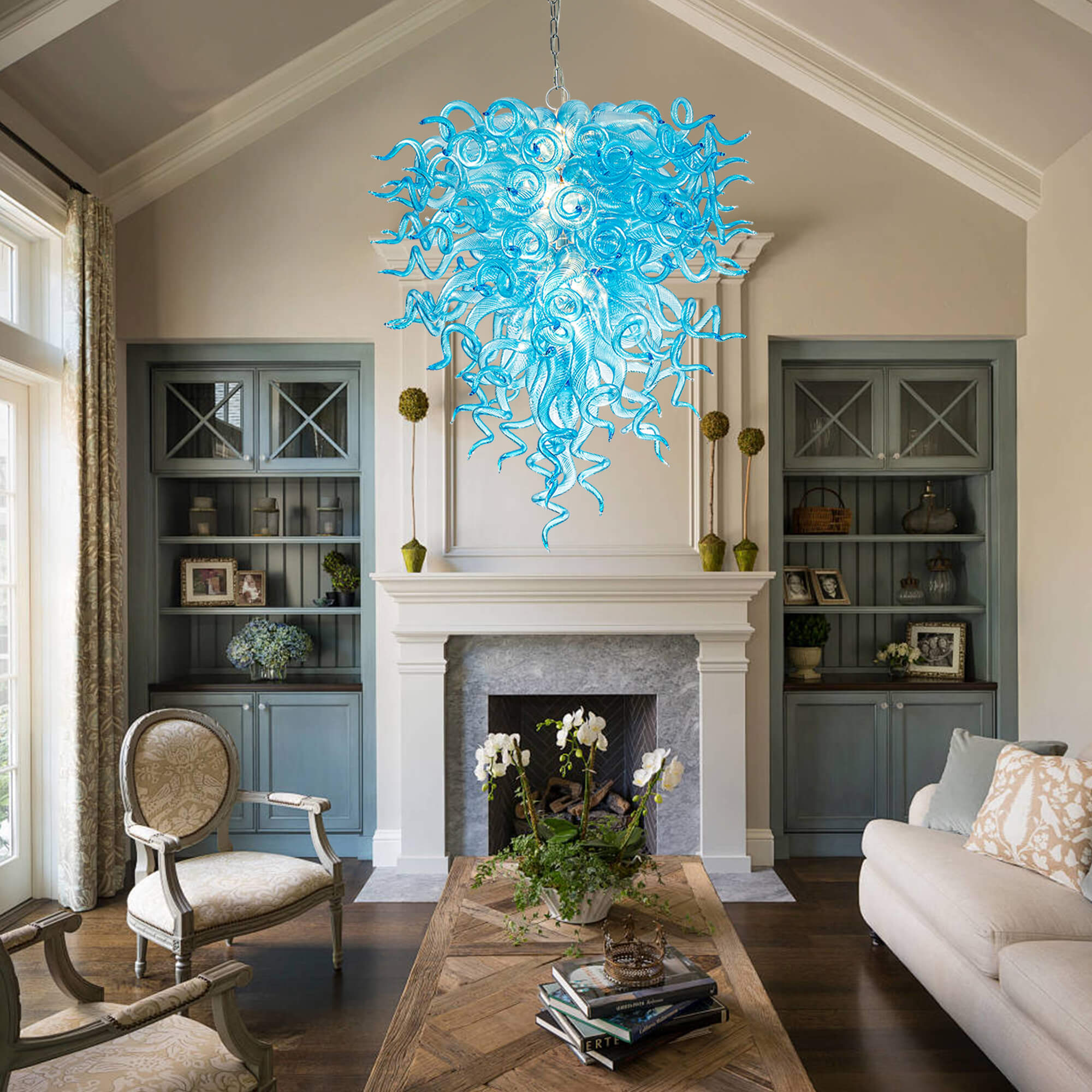 Artisan Light Blue Murano Style Hand-Blown Glass Chandelier - Coastal Cascade Art Lighting - BeyPan