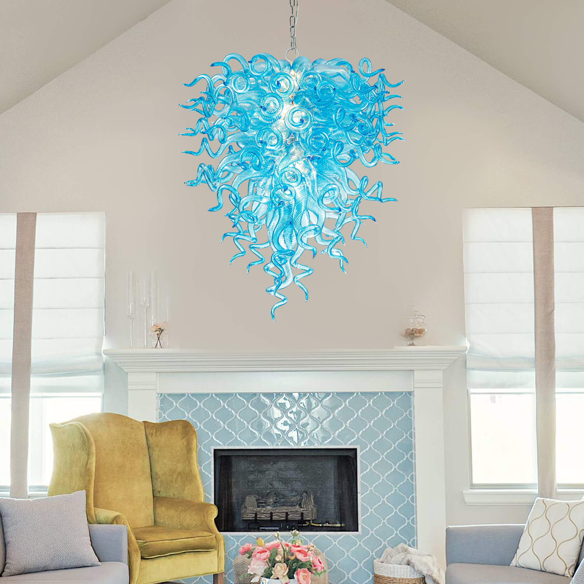 Artisan Light Blue Murano Style Hand-Blown Glass Chandelier - Coastal Cascade Art Lighting - BeyPan