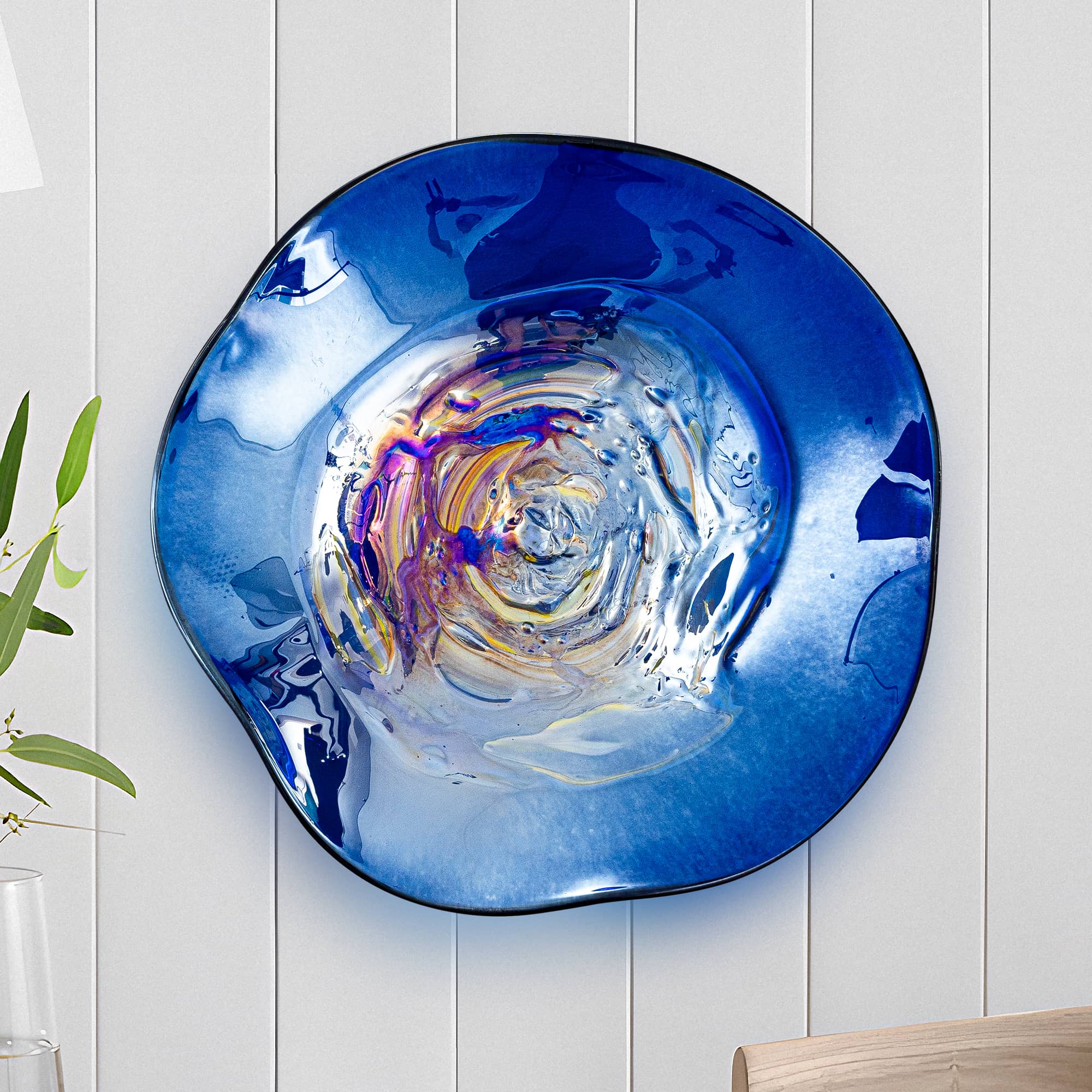 Artisan Masterpiece: Hand-Blown Deep Blue Iridescent Glass Wall Plate 12" - BeyPan