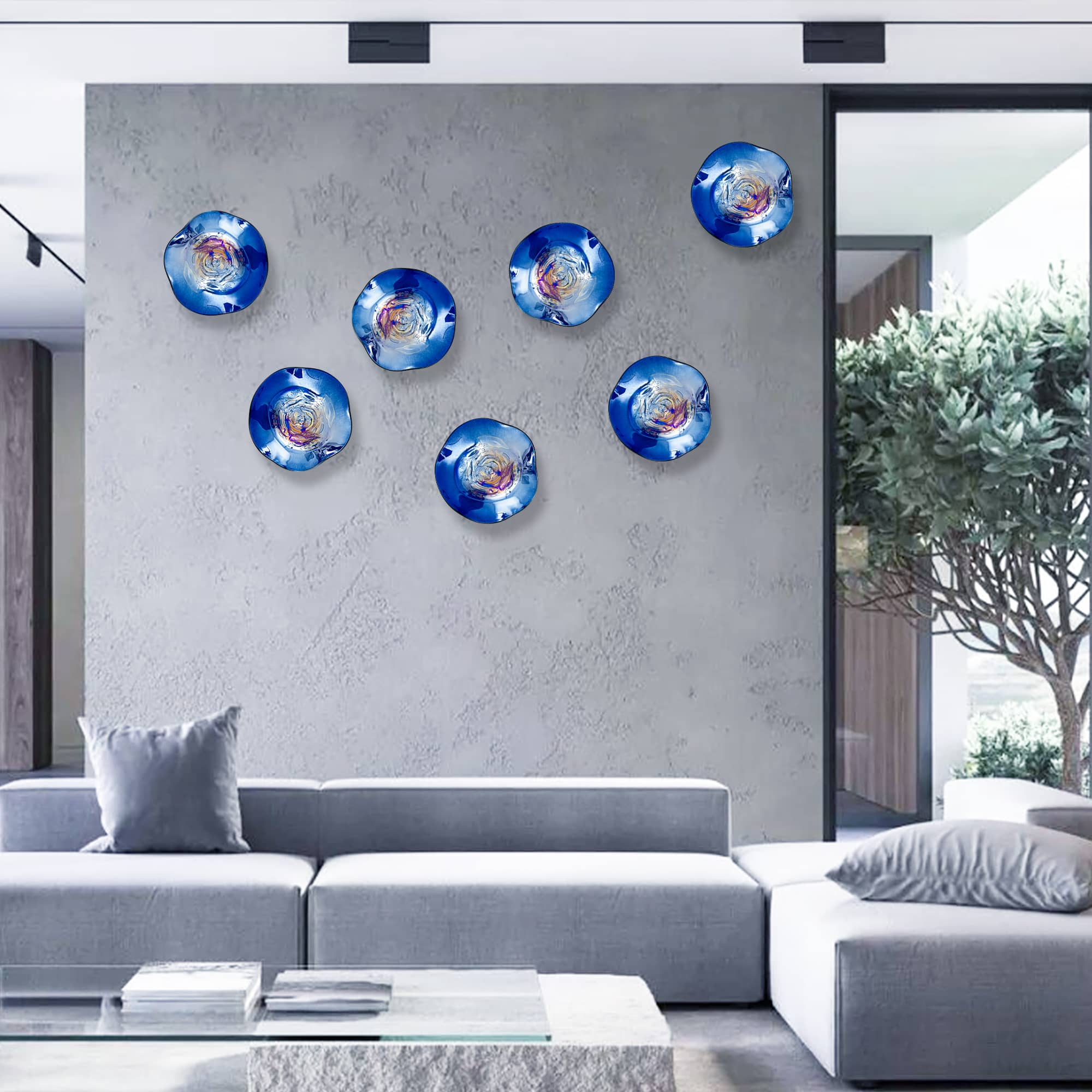Artisan Masterpiece: Hand-Blown Deep Blue Iridescent Glass Wall Plate 12" - BeyPan