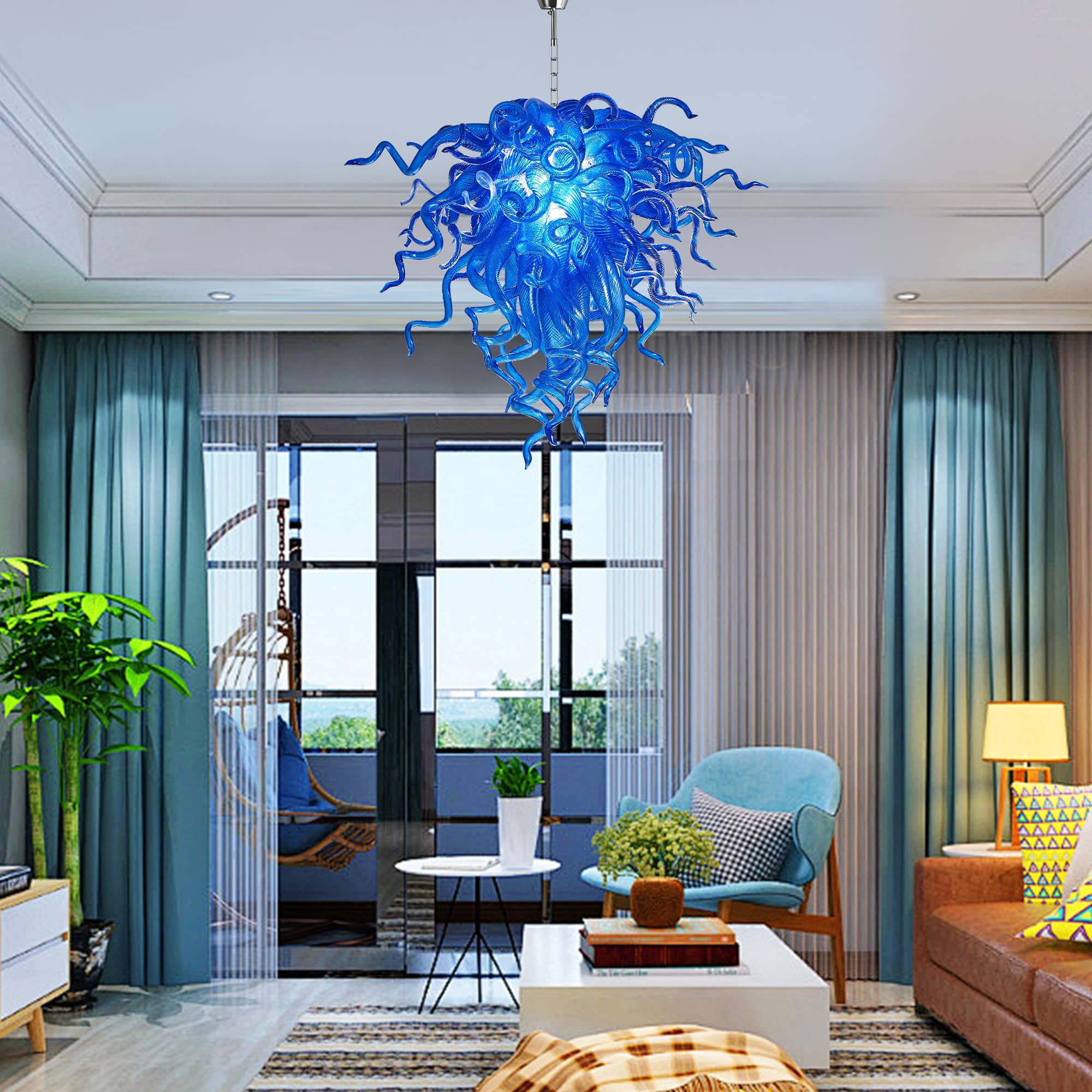 Artisan Murano Style Blue Blown Glass Chandelier - Deep Cobalt Sculptural - BeyPan
