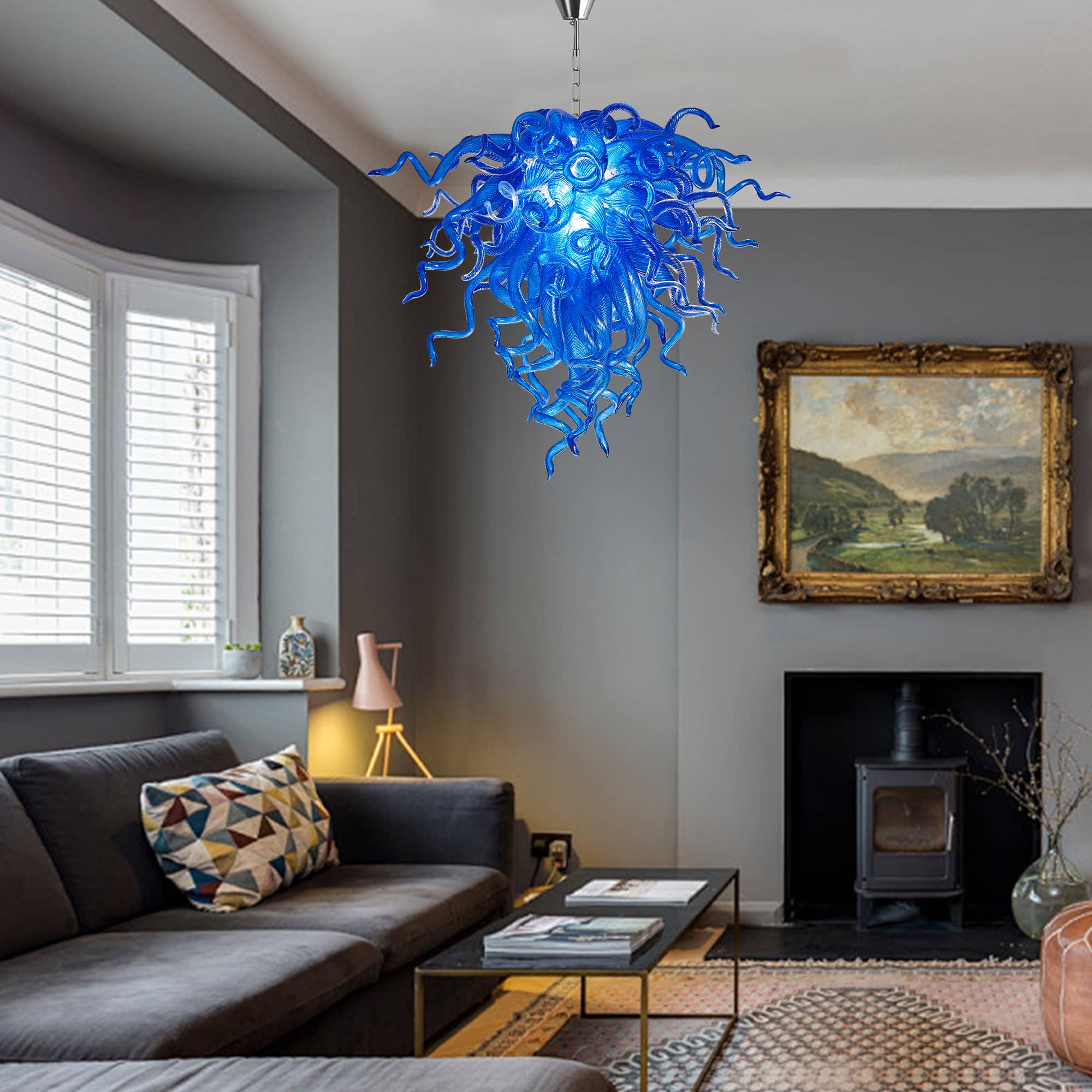 Artisan Murano Style Blue Blown Glass Chandelier - Deep Cobalt Sculptural - BeyPan