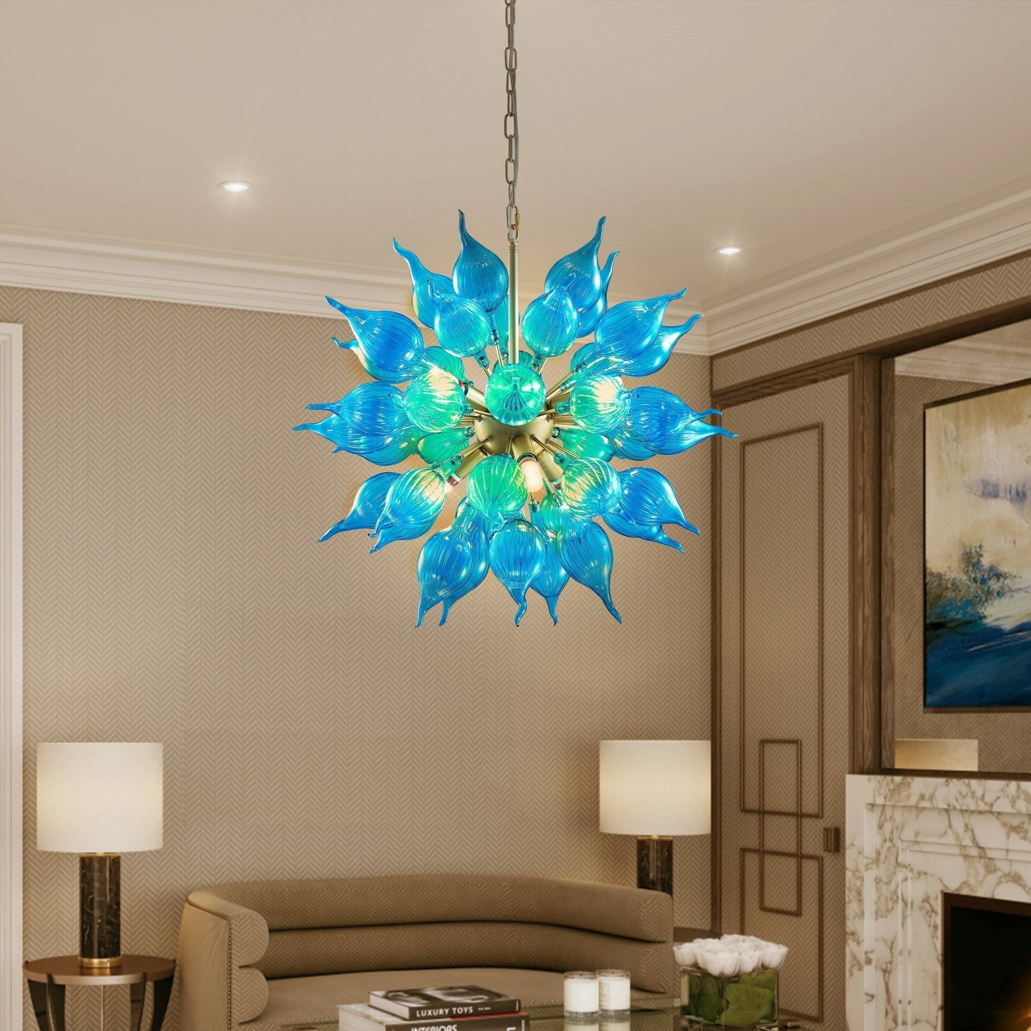 Azure Bloom Sputnik Chandelier - Modern Hand-Blown Blue Onion-Shaped Glass Zweitbild